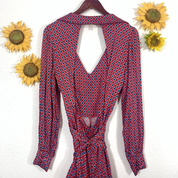 Free People Red Pink Blue Black Open Back Mini Dress Size Medium - Picture 7 of 14